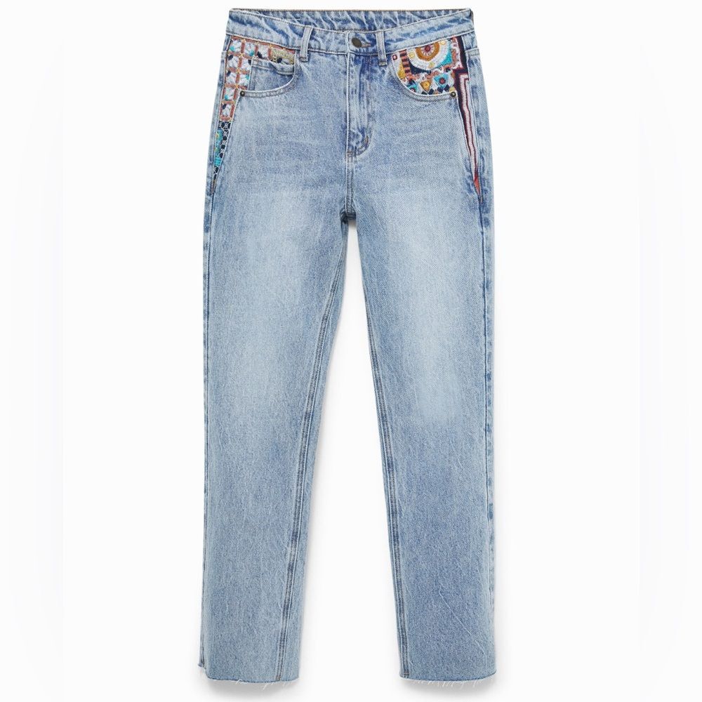 Desigual Light Blue Straight Leg Jeans Colorful Embroidery 38